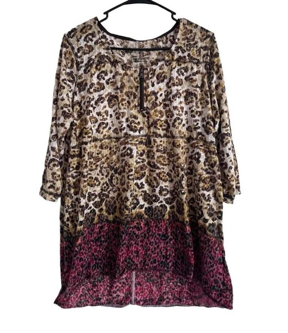 Onque Woman Animal Leopard Print 3/4 Sleeve Zip Neck Tunic Top Size 1X